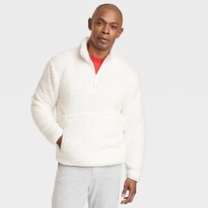 NEW! Men's Faux Shearling Half Zip-Up Sweatshirt Pullover, White Reg Small